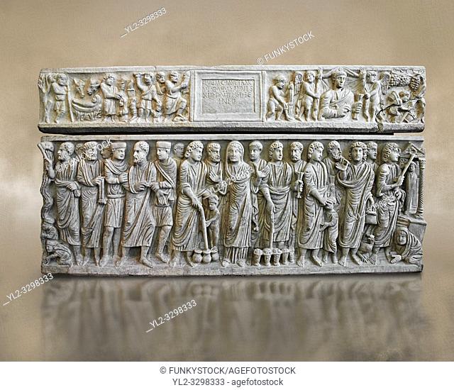 Roman relief sculpture on the Christian sarcophagus side od Marcus Claudianus depicting scenes from the new testament , circa 330 - 335 AD from the via della...