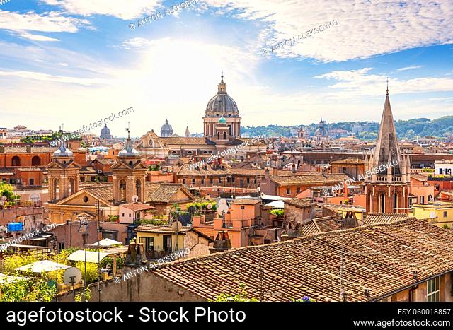 Rome roofs and Churches at sunny day, Rome, Italy