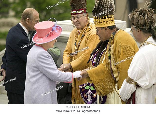 Her Majesty Queen Elizabeth II, Queen of England and the Duke of Edinburgh, Prince Philip meeting Native American Indian Ceremony and Powhatan Tribal Member in...