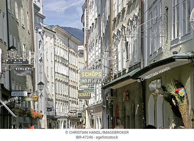 The famous shopping street Getreidegasse in the town of Salzburg Austria