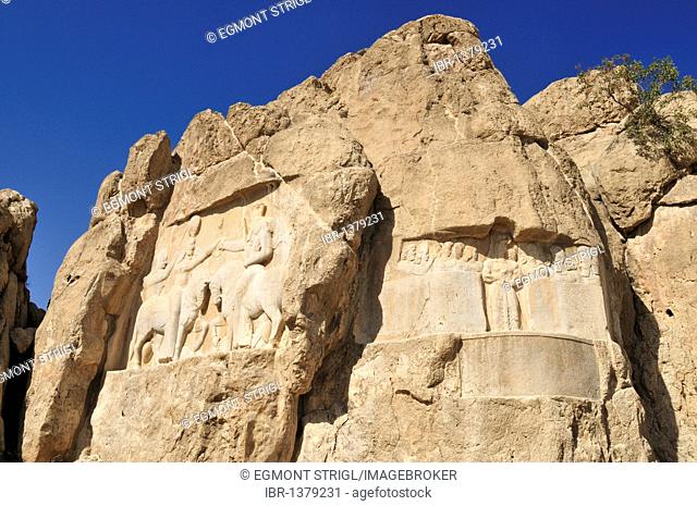 Sassanid relief of King Ardaschir I. and god Ahuramazda, Achaemenid burial site Naqsh-e Rostam, Rustam near the archeological site of Persepolis