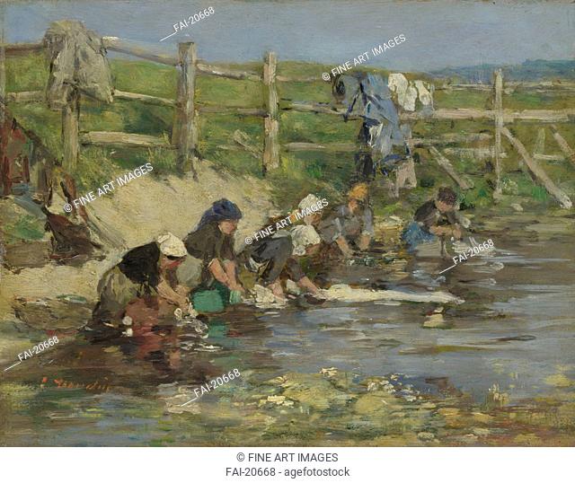 Laundresses by a Stream. Boudin, Eugène-Louis (1824-1898). Oil on wood. French Painting of 19th cen. . ca. 1886-1890. France. National Gallery, London