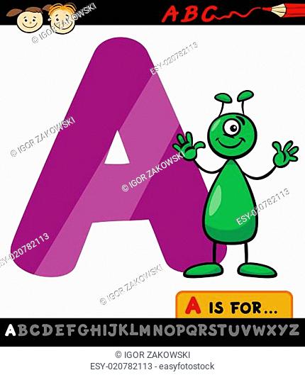 letter a with alien cartoon illustration