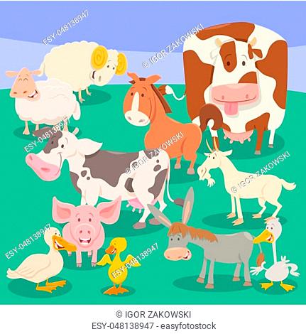 Cartoon Illustration of Farm Animal Characters Group on Pasture or Meadow