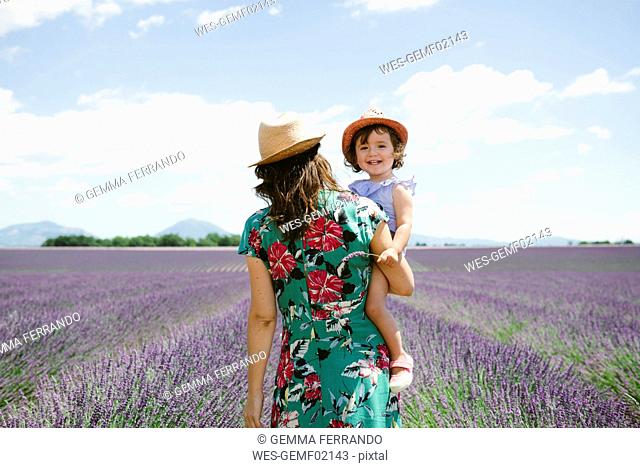 France, Provence, Valensole plateau, Mother and daughter walking among lavender fields in the summer