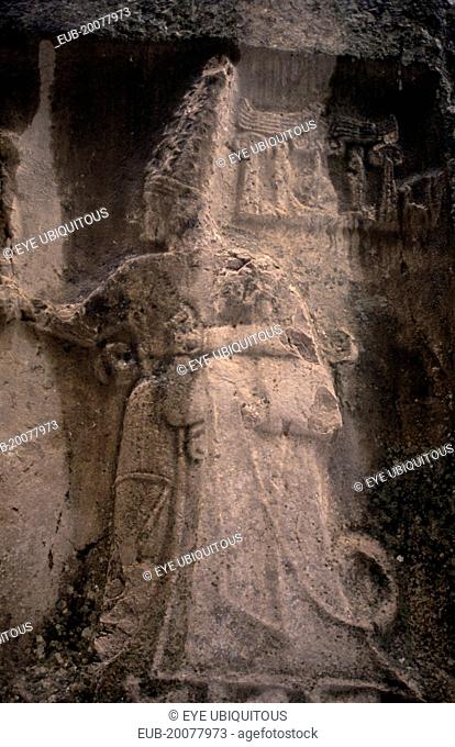 Ancient Hittite capital. Detail of carved temple guardian at the Büyük Mabet or Great Temple dedicated to worship of the storm god Teshub and sun goddess Hebut