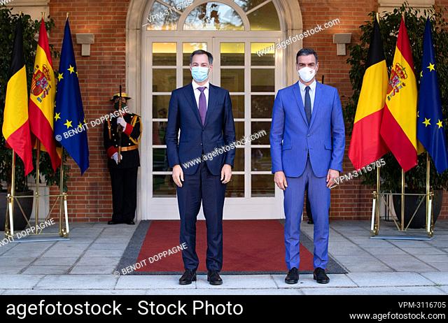 Prime Minister Alexander De Croo and Prime Minister of Spain Pedro Sanchez pictured during a bilateral visit of the Belgian Prime Minister to Madrid