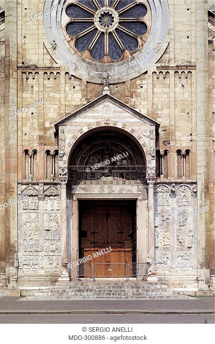 Basilica of San Zeno Maggiore, by Unknown artist, Unknow, . Italy; Veneto; Verona; San Zeno Maggiore basilica; . Detail. Facade doorway bas-reliefs rose-window...