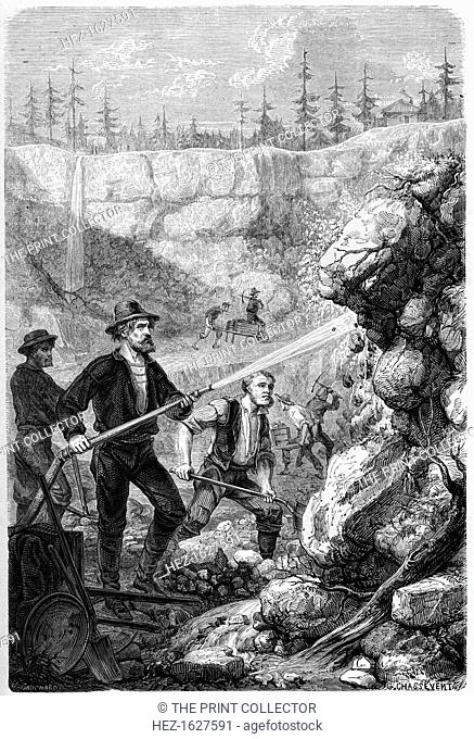 'Hydraulic Mining', California, 1859. A print from le Tour du Monde, 1859