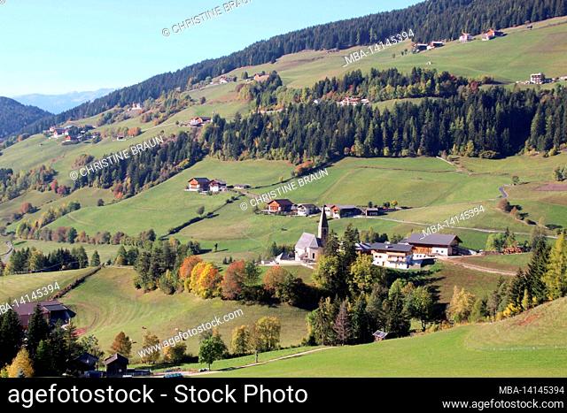 italy, south tyrol, the dolomites, villnösstal, st.magdalena, church, town view, overview, autumnally