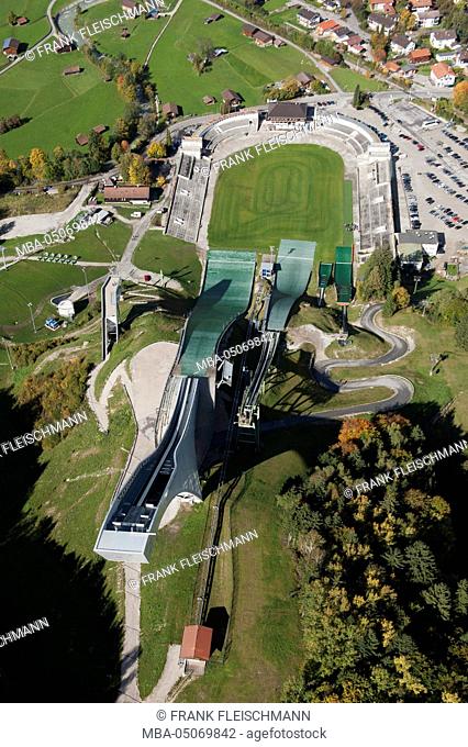 Ski jump, Olympic stadium, ski stadium, sport, Gudiberg, Bavaria, Werdenfels, aerial shot, Garmisch-Partenkirchen, uplands, Upper Bavaria, Germany