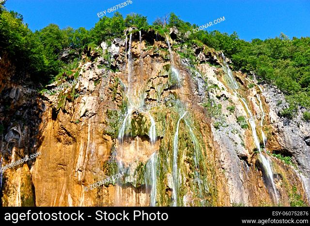 Beautiful waterfall in the scenery of Plitvice Lakes National Park in Croatia