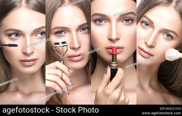 Collection of Beautiful young girl with a light natural make-up and beauty tools in hand. Picture taken in the studio on a white background