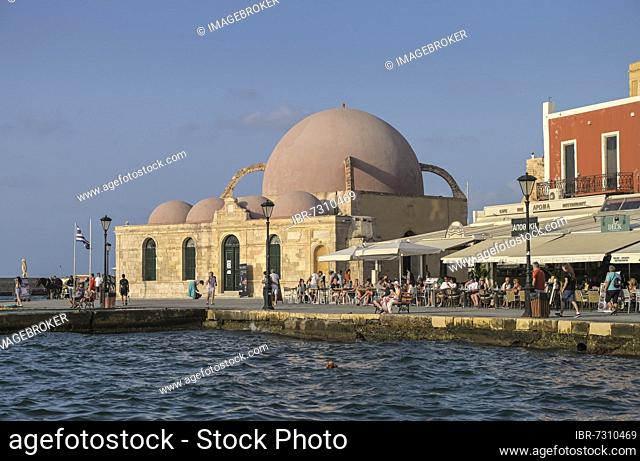 Venetian Harbour with Kioutsouk Hassan Mosque, Chania, Crete, Greece, Europe