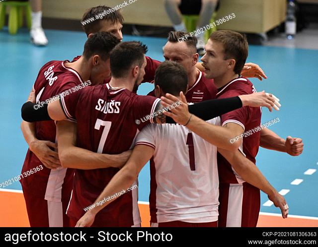 Volleyball players of Latvia celebrate during the men’s volleyball friendly game Czech Republic vs Latvia played before European championship in Kurim