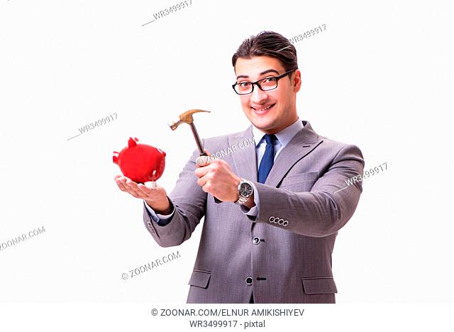 Businessman breaking piggybank isolated white background