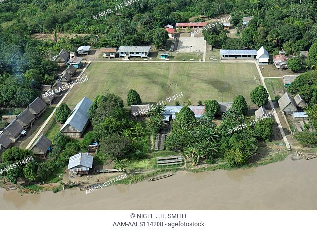 Village in the Peruvian Amazon. The central square is used for playing soccer games and for community festivals. San Carlos