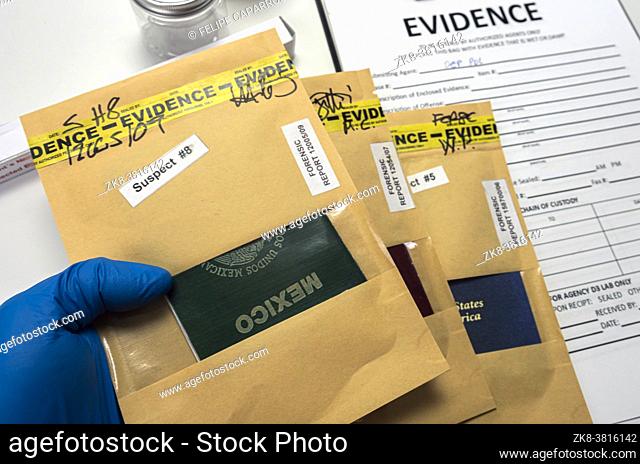 Different passports decommissioned in police investigation unit, conceptual image