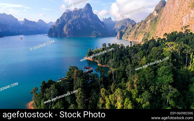 Aerial drone view of beautiful mountains and lake in Khao Sok National Park, Surat Thani, Thailand
