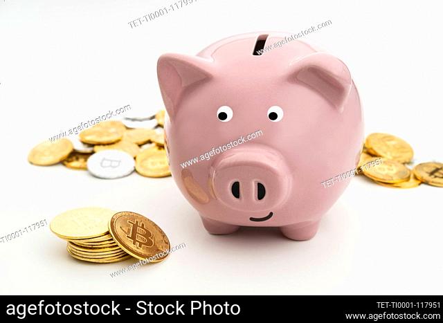 Smiling Studio shot of pink piggy bank and bitcoins