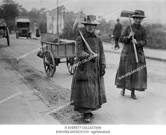 English women street cleaners during World War I, 1914-1918. They have replaced men who joined the armed forces. (BSLOC-2016-13-127.jpg )