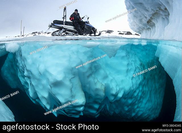 Split image of guide with snowmobile waiting the divers, only in springtime, when the hard winter slowly subsides, are the ice-cold waters suitable for divers...