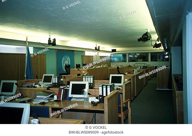 Trial Chamber of the United Nations International Criminal Tribunal for Rwanda with UN-symbol, cameras and translator booths, Tanzania, Arusha