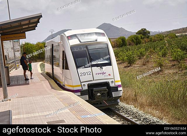 Narrow-gauge commuter train at Los Nietos station (Murcía, Spain)