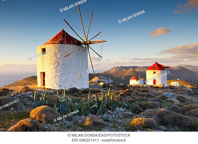 Traditional windmills near Chora village on Amorgos island in Greece.