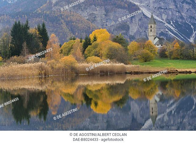 Fennberg lake with St Leonard's church, Trentino-Alto Adige, Italy