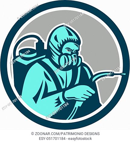 Illustration of pest control exterminator spraying side view set inside circle on isolated background done in retro style