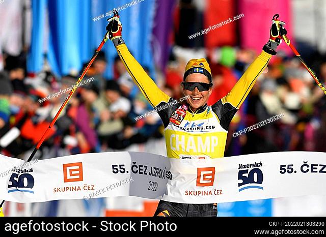 Ida Dahl of Sweden celebrates victory after the Jizerska padesatka 50km international Ski Classics Tour cross-country skiing race in Bedrichov near Liberec