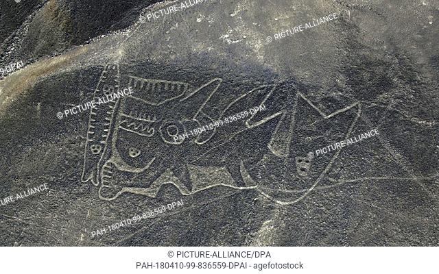 09 April 2018, Peru, Palpa: Aerial view of the geometrical figures and lines as well as animal and plant depictions. The newly discovered geoglyphs are located...