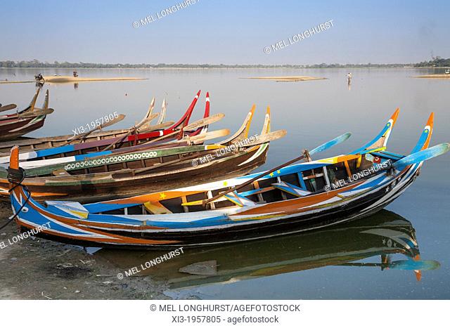 Boats on Taungthaman Lake, Amarapura, Mandalay, Myanmar, (Burma)