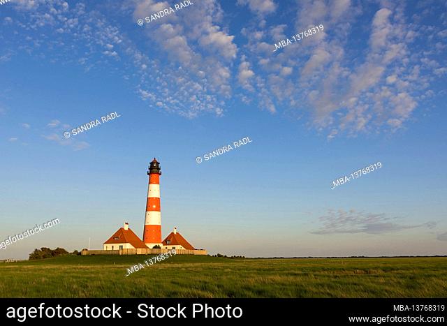 Westerheversand lighthouse, evening light, Eiderstedt peninsula, Schleswig-Holstein Wadden Sea National Park, Germany, Schleswig-Holstein, North Sea coast