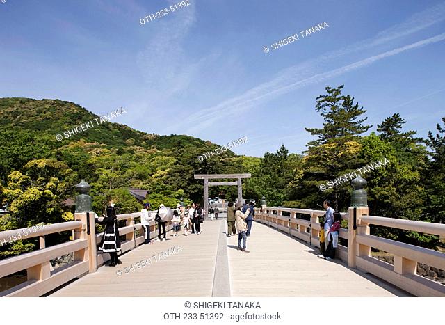 Torii gate of Neiku Inner shrine with Uji-Bashi bridge on Isuzu River, Ise Grand Shrine, Ise, Mie Prefecture, Japan