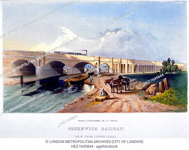 Greenwich Railway, Deptford, London, 1836. View from the Surrey Canal showing the towpath, barges and horses and a steam train on the viaduct