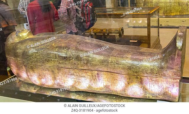 Egypt, Cairo, Egyptian Museum, from the tomb of Yuya and Thuya in Luxor : Mummy-shaped (third) inner coffin of Thuya