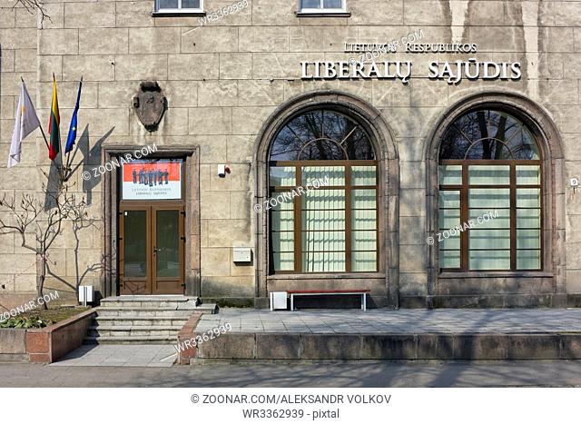 VILNIUS, LITHUANIA - MARCH 27, 2016: Office of the Lithuanian Liberal party (Liberalu Sajudis) it is located in the old house of Stalin times