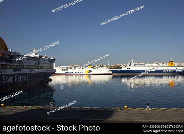 08 March 2023, Greece, Piräus: Ferries are moored in the port of Piraeus during a 24-hour strike. The umbrella organizations of Greek trade unions have called...