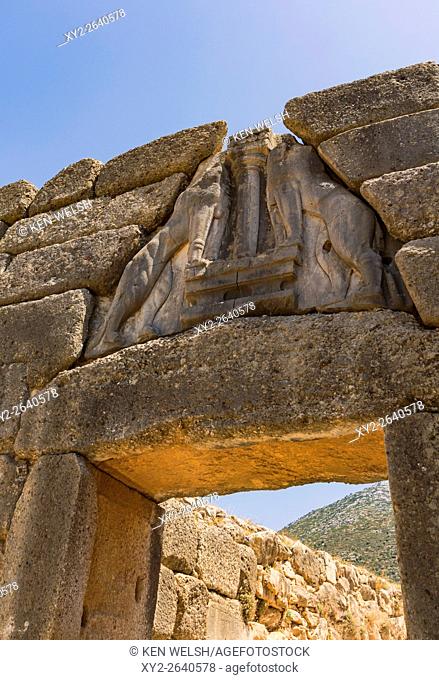 Mycenae, Argolis, Peloponnese, Greece. The Lion Gate, dating from the 13th century BC, set into the Cyclopean walls. It was the main entrance to the citadel of...