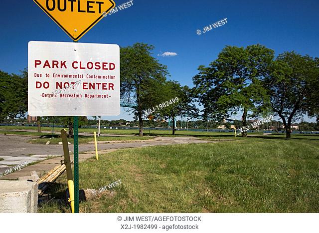 Detroit, Michigan - A sign warns the public to stay out of Riverside Park due to environmental contamination. The soil is contaminated with chrome, nickel, lead