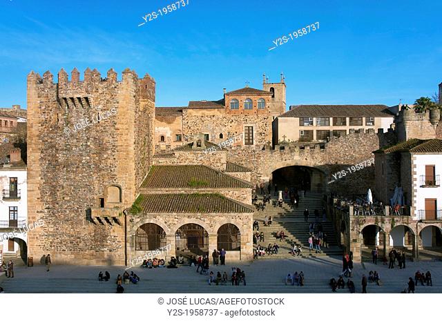 Main Square, Bujaco tower -12th century and Hermitage of the Peace -18th century, Caceres, Region of Extremadura, Spain