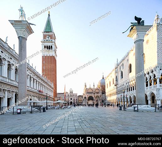 Columns of San Marco and San Teodoro in piazzetta San Marco. Venice (Italy), May 31st, 2021