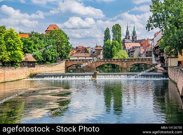 max bridge over the pegnitz with towers of the st. lorenz church, nuremberg, old town, middle franconia, franconia, bavaria, germany