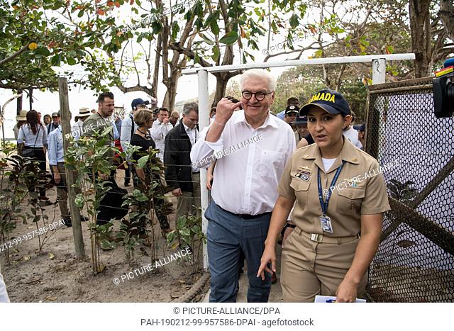 12 February 2019, Colombia, Cartagena: Federal President Frank-Walter Steinmeier is welcomed by Stephanie Pauwels (r), Head of the National Park