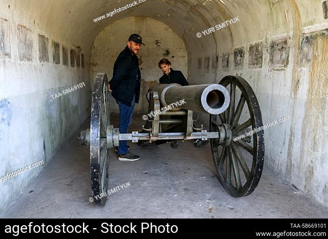 RUSSIA, VLADIVOSTOK - APRIL 26, 2023: A cannon at Pospelova Fort of the Vladivostok Fortress, a branch of the Vladimir K