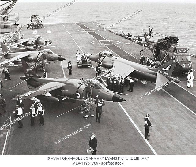 Royal-Navy Rn Bae Sea Harrier Frs-1S and Westland Sea Kings on the Flight-Deck of Hms Hermes