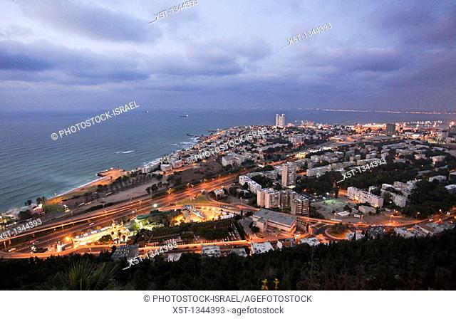 Israel, Haifa, Night view of the city and Haifa Bay from Stella Maris on the Carmel Mountain
