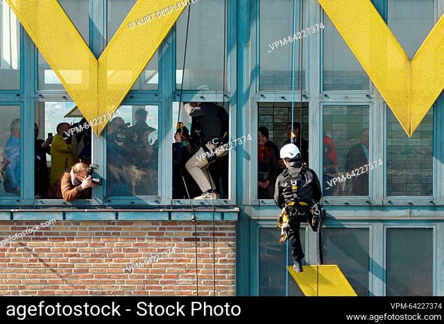 Aerial drone picture shows Flemish Minister of Finance, Budget and Housing Matthias Diependaele pictured at The IJzertoren (Yser Tower - Tour de l'Yser) war...